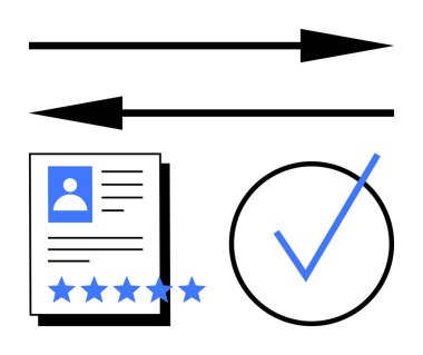 Fotoğraflı profil belgesi, 5 yıldızlı derecelendirme, yön için oklar, daire içindeki doğrulama işaretleri. İşe alım, kalite güvencesi, geri bildirim, süreç, onay değerlendirme doğrulaması için ideal