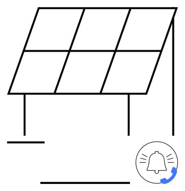 Yüksek çerçeveli güneş paneli ve uyarı çanı enerji takibini vurguluyor. Yenilenebilir enerji, çevre dostu kavramlar, yeşil teknoloji, sürdürülebilirlik, enerji izleme, akıllı