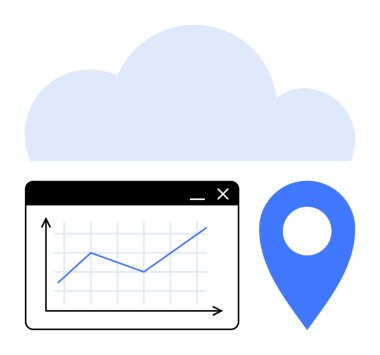 Pencerede yukarı doğru eğilimli çizgiler olan bir haritanın üzerinde gezinen bulut, konum belirleyicinin yanında. Bulut hesaplama, analitik, GPS izleme, istatistik, veri görselleştirme, büyüme, iş için ideal
