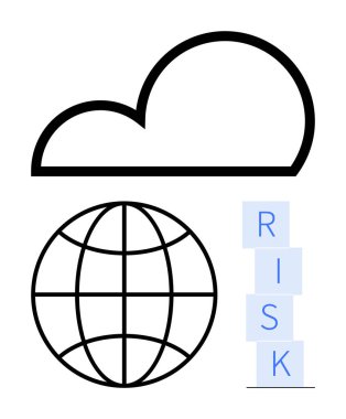 RISK blokları, bulut hesaplamasını ve küresel zorlukları simgeleyen bir küre üzerinde bulut. Teknoloji eğilimleri, siber güvenlik, veri yönetimi, küresel ticaret, risk değerlendirmesi, yenilik için ideal