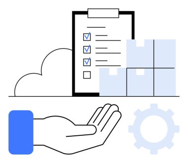 Kontrol listesi, istiflenmiş kutular, bulut ve teçhizat. Lojistik, verimlilik, veri depolama, takım çalışması teknolojisi nakliye ve iş süreci için ideal. Düz basit metafor