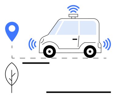 Elektrikli oto-sürücü araba sensör sinyalleri yayıyor, yakınlardaki şehir caddesinde yol alıyor. Teknoloji, hareketlilik, navigasyon, ulaşım, yenilik, otomasyon için ideal