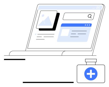 Arama sonuçlarını ve sağlıkla ilgili içeriği gösteren bir dizüstü bilgisayar, tıbbi malzeme ikonu ile eşleştirilmiş. Sağlık, teletıp, çevrimiçi eğitim, araştırma, dijital yenilik ve bilgi erişimi için ideal