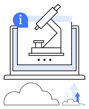 Dizüstü bilgisayarda mikroskop, bulut depolama, yukarı doğru oklar, bilgi simgesi. Araştırma, veri paylaşımı, teknoloji, inovasyon eğitimi için ideal online araçlar analitiği. Düz basit metafor