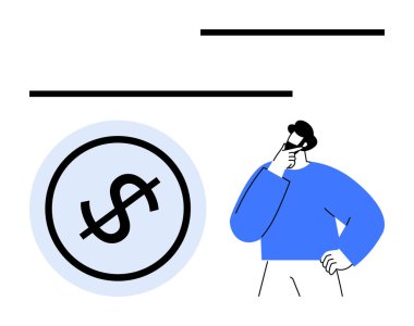 Çenesini büyük dolar sembolünün yanında tutan kişi. Finans, bütçe, karar verme, yatırım, tasarruf, ekonomi ve iş stratejisi için ideal. Asgari düz metafor