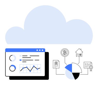 Üzerinde grafikler, engelleme simgeleri, gayrimenkul ve pasta grafikleri olan bir panel. Finans, engelleme zinciri, büyük veriler, teknoloji bulut hesaplama emlak analizleri için idealdir. Düz basit metafor