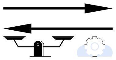 Karşıt oklar altında denge terazisi çatışmayı işaret ediyor. Yakın teçhizat endüstriyel ya da stratejik hususları sembolize eder. Tartışma, seçim, eşitlik, endüstri, adalet, problem çözme için ideal