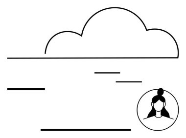 Veri akışını sembolize eden yatay çizgilere ve dairesel kullanıcı avatar simgesine sahip bulut ana hatları. Teknoloji, ağ, bilgisayar, işbirliği, iletişim, dijital güvenlik, bağlantı için ideal