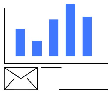 İletişimi sembolize eden bir e-posta zarfıyla veri büyümesini gösteren mavi çizelge. İş için ideal, analitik, raporlar, e-posta pazarlama, strateji, veri görselleştirme, performans. Düz