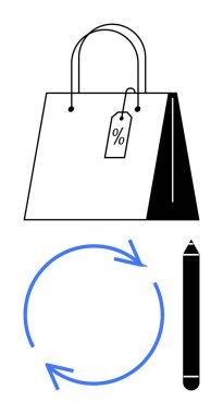 İndirimli etiketli alışveriş çantası, mavi yuvarlak oklar ve bir kalem. Perakende, satış, pazarlama, yaratıcılık, ticaret, e-ticaret geri dönüşüm için ideal düz düz metafor