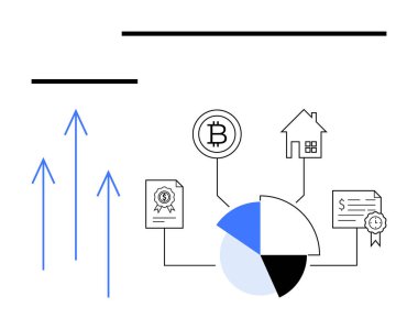 Pasta şeması kripto para, gayrimenkul ve sertifikalı belgeleri birbirine bağlıyor. Yukarıdaki oklar büyümeyi işaret ediyor. Yatırım, ticaret, ekonomi, analiz, planlama stratejisi için ideal basit bir metafor