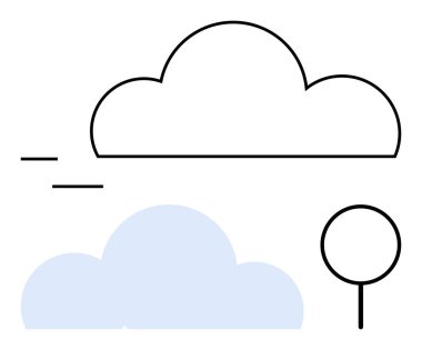 Hareket çizgileri olan çizgi-sanat bulutu, mavi bulut, basit ağaç çizgisi. Hava, doğa, minimalizm, çevre dostu, soyut kavramlar, modern düz metafor için ideal