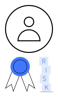 Dairesel kullanıcı simgesi, mavi ödül kurdelesi, istiflenmiş bloklar RISK. Başarı, profil, rekabet, liderlik, yönetim, kariyer büyüme stratejisi için ideal soyut çizgi düz metafor