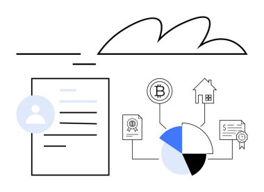 Kripto para birimi bitcoin simgesi, pasta tablosu, belge, sertifika, profil resmi, ev ve bulut mali analizi, zincire bağlı belge depolama mülkiyetini simgeliyor. Fintech için ideal