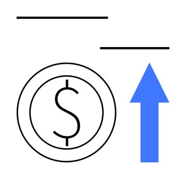 Dolar madeni para ikonu yukarı doğru mavi bir okla eşleştirildiğinde mali büyüme, refah ve yatırım başarısını sembolize eder. Ekonomi, finans, iş büyümesi, karlılık, strateji ve borsa için ideal