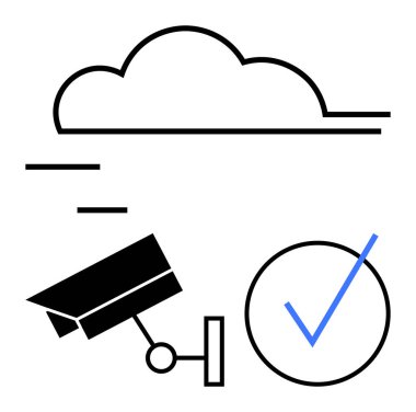 Bulut çizgisi, güvenlik kamerası, mavi onay işareti. Güvenliği simgeliyor. Güvenlik, teknoloji, bulut depolama, veri koruması, uzaktan izleme, dijital doğrulama siberi için ideal