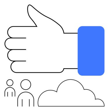 Mavi aksanlı, soyut figürlü ve bulutlu baş parmak hareketi. İletişim, onay, takım çalışması, ağ oluşturma, başarı, pozitiflik dijital işbirliği ve düz basit metafor için ideal