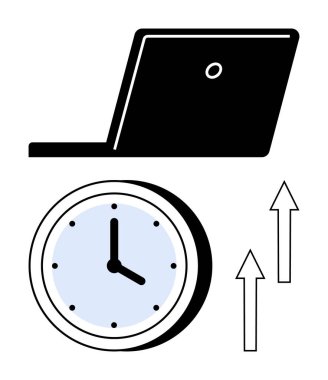 Diz üstü bilgisayarı yukarı doğru oklarla aç üretkenliği, zaman yönetimini, verimliliği, büyümeyi, uzaktan çalışmayı, çoklu görevi ve başarıyı sembolize et. İş yeri kavramları için ideal, düz basit metafor