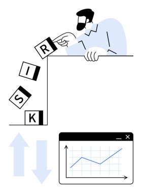 Adam yığılmış blokları itiyor, risk kelimesini oluşturuyor, kenardan düşüyor, yukarı doğru eğilimli grafiğin yanına. Analiz, strateji, risk yönetimi, büyüme, karar verme aşamasında ilerleme için ideal. Düz