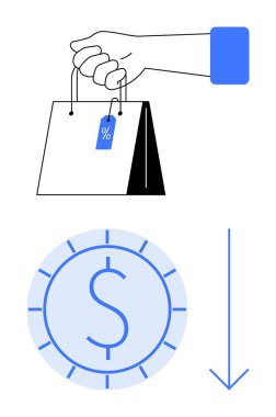 İndirimli etiketli el çantası, bozuk para sembolü ve aşağı doğru ok. İndirim alışverişi, satış, fiyat düşüşleri, tasarruf, bütçe piyasası eğilimleri için ideal. Düz basit