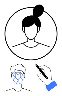 Çember içinde kadın profil avatarı, geometrik erkek yüz tanıma sistemi, kalemle el çizimi. Teknoloji, yapay zeka, tasarım, kimlik, güvenlik, UXUI yenilik için ideal düz metafor