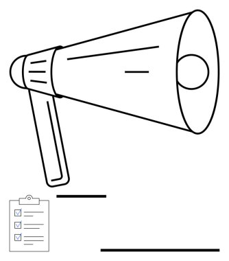 İletişimi sembolize eden megafon ve organizasyon, planlama ve üretkenlik için bir kontrol listesi. Takım çalışması, liderlik, pazarlama, başarı, duyurular, beyin fırtınası için ideal.