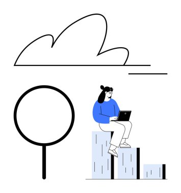 Dizüstü bilgisayarda çalışan bir kadın, gelişmeyi ya da ilerlemeyi simgeliyor. Arama büyüteci ve bulut analizi, yeniliği, beyin fırtınasını ve başarıyı öneriyor. İş, strateji ve teknoloji için ideal