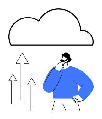 Mavi gömlekli adam, bulutların altında, yukarı doğru oklarla çevrili. Yenilik, teknoloji büyümesi, bulut hesaplaması, strateji planlaması, problem çözme, geliştirme, veri