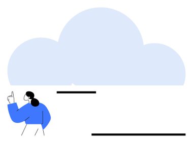 Mavili kadın, bulut bilgisayarını, iletişimi, teknolojiyi ve yeniliği simgeleyen büyük bir bulutun yanında parmağını kaldırıyor. Takım çalışması, işbirliği, teknoloji, depolama dijital stratejisi için ideal