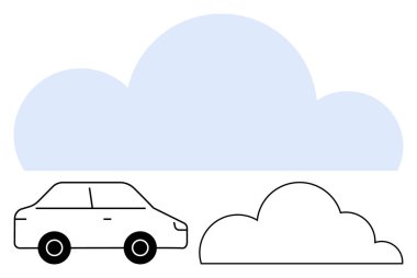 Şekil verilmiş bulutların altında minimal araba silueti. Ulaşım, seyahat, hava, çevre, teknoloji, sürdürülebilirlik ve enerji kavramları için idealdir. Temiz düz basit metafor