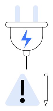 Yıldırımlı elektrik prizi, ünlem işaretli üçgen uyarı işareti ve kalem. Enerji, güvenlik, elektrik farkındalığı, uyarılar, sürdürülebilirlik, enerji denetimleri için idealdir.