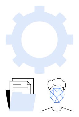 Belgelerin üstündeki bir klasörde yüz tanıma programının yanında bir insan yüzü var. Teknoloji, biyometri, güvenlik, yapay zeka, otomasyon, kimlik ve işyeri için ideal. Düz basit metafor