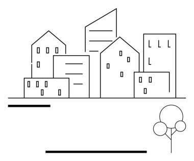 Basit kentsel ufuk çizgisi, çeşitli geometrik binalar ve en az siyah çizgi sanatı olan ağaçlar. Mimarlık, şehir planlaması, şehir tasarımı, gayrimenkul, sürdürülebilirlik, modern yaşam, minimalist için ideal
