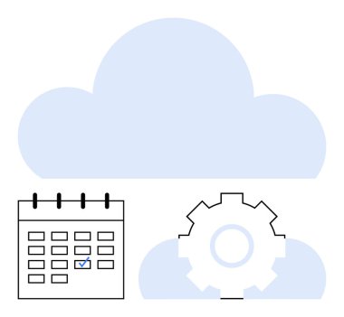 Otomasyon için kontrol işareti ve teçhizat gösteren takvimi olan büyük bir bulut simgesi. Planlama, programlama, bulut hesaplama, sistem optimizasyonu, iş akışı, işbirliği, veri yönetimi için ideal. Düz