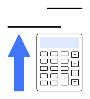 Yukarı doğru yükselen mavi okla birlikte artan ya da büyüyen bir sayıyı temsil eden hesap makinesi. Finans, muhasebe, bütçe, istatistik, eğitim, iş ilerlemesi, analiz için idealdir. Düz basit metafor