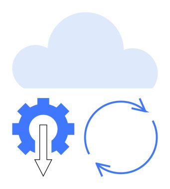 Yukarda mavi dişli bulut dairesel ok döngüsünün yanında indirme oku, veri transferini ve senkronizasyonunu temsil ediyor. Teknoloji, bulut depolama, otomasyon, veri akışı, dosya paylaşımı, ağlar, daire için ideal