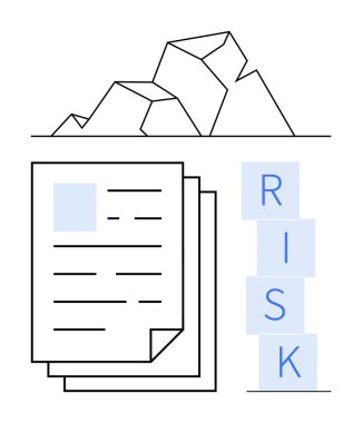 Belgeler blokların yanına istiflenmiş ve üzerinde açısal taşlar olan RISK yazılıyordu. Risk yönetimi, denetim planlaması, karar verme, uyum, zorluklar, iş stratejisi ve soyut çizgi için ideal