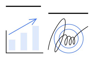 Yukarı doğru ok ile dikey çizgi çizelgesi, spiral bir hedef ve soyut imza örtüsü ile birlikte büyümeyi işaret ediyor. Ticari başarı, istatistik, büyüme, odaklanma, strateji ve başarı için ideal
