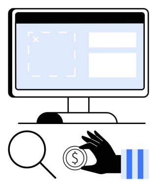 Bilgisayar monitörü giriş alanlarını, büyüteçleri ve madeni paraları gösteriyor. Finans, araştırma, yatırım, iş, e-ticaret teknolojisi ve veri için ideal. Düz basit metafor