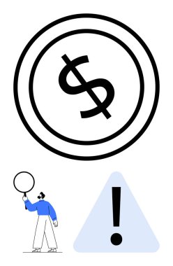 Çemberin içinde büyük dolar işareti, ayrıntıları büyüteçle kontrol etmek, üçgen alarm. Finans, uyarı, problem çözme, odaklanma, dikkat analizi için ideal. Düz basit