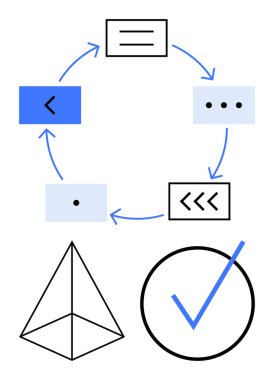 Pencereleri, piramidi ve işaretleri birbirine bağlayan oklarla çevrili diyagram. İş akışı, iletişim, süreç, onay, tamamlama mantığı için ideal. Düz basit metafor