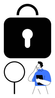 Anahtar deliği olan dev bir kilit, büyüteç ve elinde klasör tutan mavi gömlekli düşünceli biri. Güvenlik, analiz, araştırma, strateji, gizlilik soruşturması erişim kontrolü için ideal. Düz