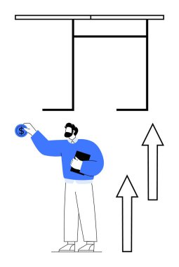 Elinde dolar olan mavi kazaklı bir adam yukarı doğru ok ve bar çizelgesinin yanında rapor veriyor. Finans, yatırım, başarı, büyüme, iş stratejisi, ekonomi ve basitlik için ideal. Düz basit metafor