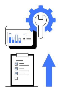 Çubuklu analiz çizelgesi, işaretli kontrol listesi, araç gereç ve bakım anahtarı, yukarı doğru büyümeyi gösteren ok. İş, strateji, planlama, verimlilik, kalkınma için ideal