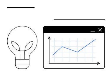 Web penceresinin yanındaki ampul, büyümeyi temsil eden yukarı doğru bir çizgi grafiği gösteriyor. Yenilik, strateji, veri analizi, planlama, araştırma, ilham, pazarlama için ideal. Düz basit metafor
