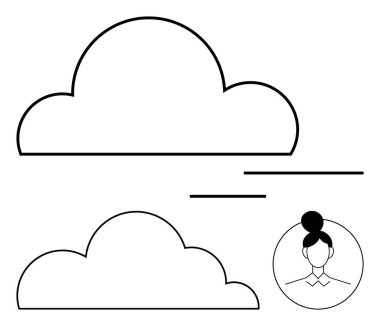 İki bulutun ana hatları, yatay çizgiler ve dairesel bir çerçevede bir kadının silueti. Hava durumu, ağ kurmak, çevrimiçi varlık, yaratıcılık, iletişim profili basitliği için ideal. Düz basit