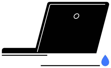 Sağa bakan siyah dizüstü bilgisayarı aç, yanında sıvı hasarı, riski veya veri sızıntısını temsil eden tek bir mavi damlacık var. Teknoloji uyarısı, iş, onarım hizmetleri ve çevre için ideal