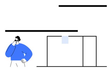 Mavi gömlekli, eli çenesinde düşünceli biri kalın yatay çizgileri olan dikdörtgen çerçevenin yanında duruyor. Karar verme, strateji, sorun çözme, yaratıcılık, mimari, tasarım için ideal