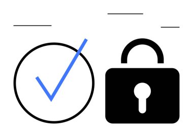Güvenlik için kilitlenmiş asma kilidin yanında dairesel ana hatlarda mavi işaretler var. Güven, koruma, kimlik doğrulama, gizlilik, onay, uyum ve erişim için ideal. Düz basit metafor