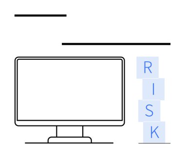 Yığılmış blokların yanında RISK yazım, işletme sorunları ve ihtiyatın altını çizen monitör. Teknoloji, karar verme, güvenlik stratejileri, veri kaybı, planlama, girişimler, soyut düz çizgi için ideal